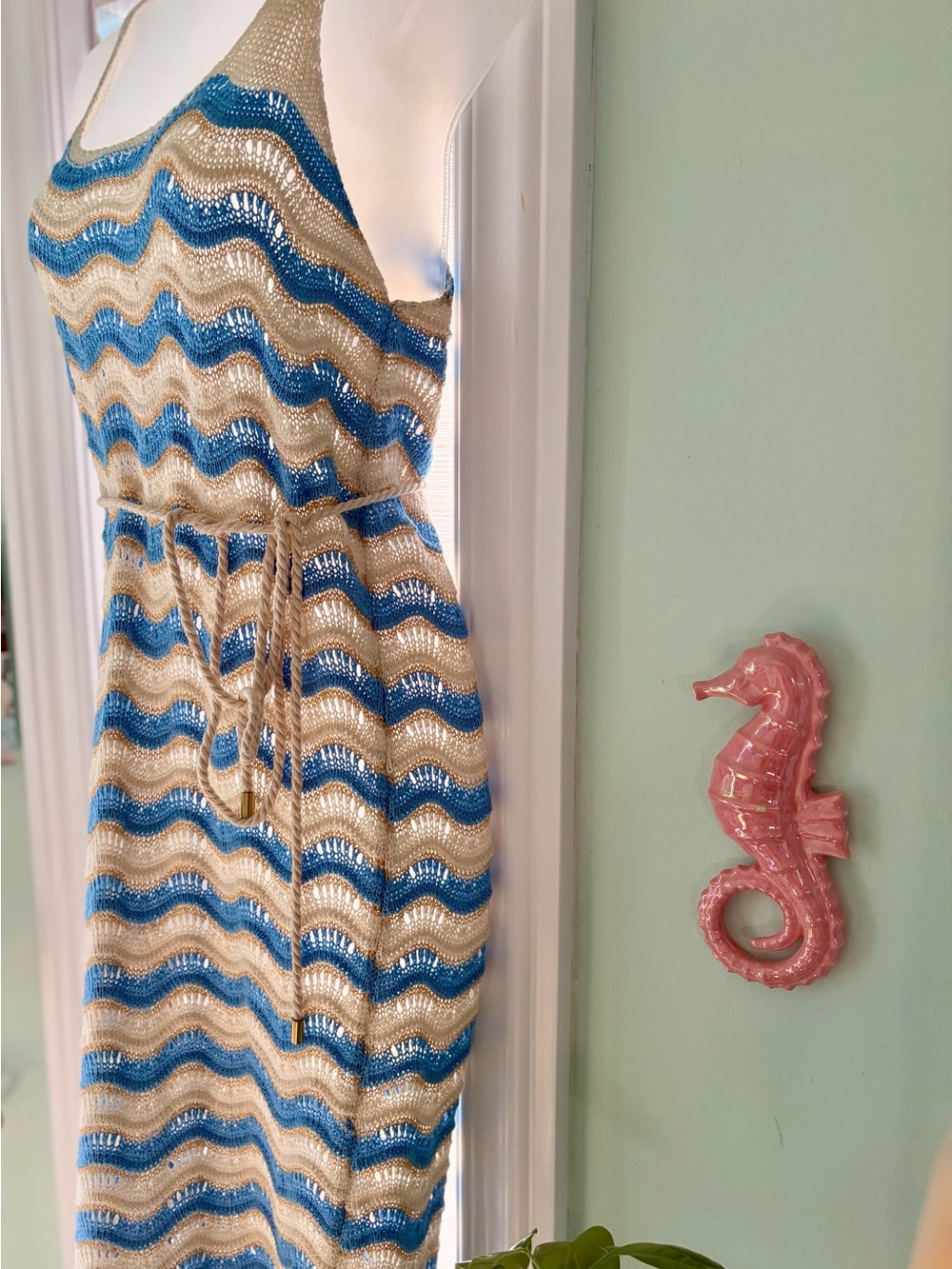 Wavy Knit Maxi Sundress in Blue and Cream